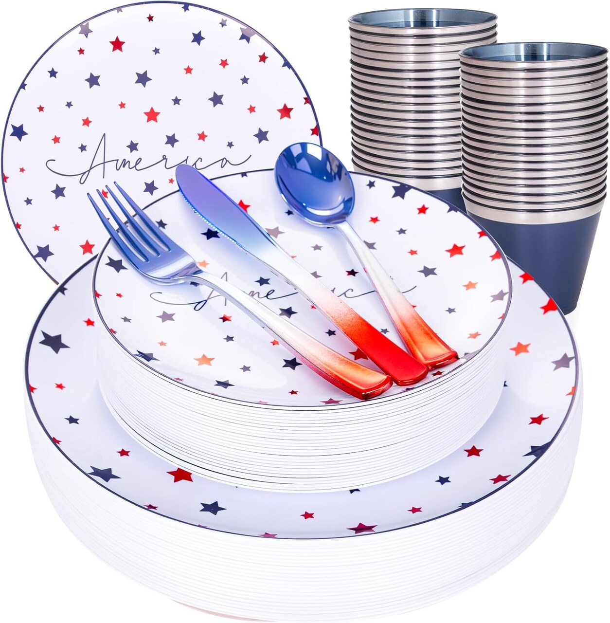180pcs 4th of July Plastic Plates,Red White Blue Plate with Plastic Silverware